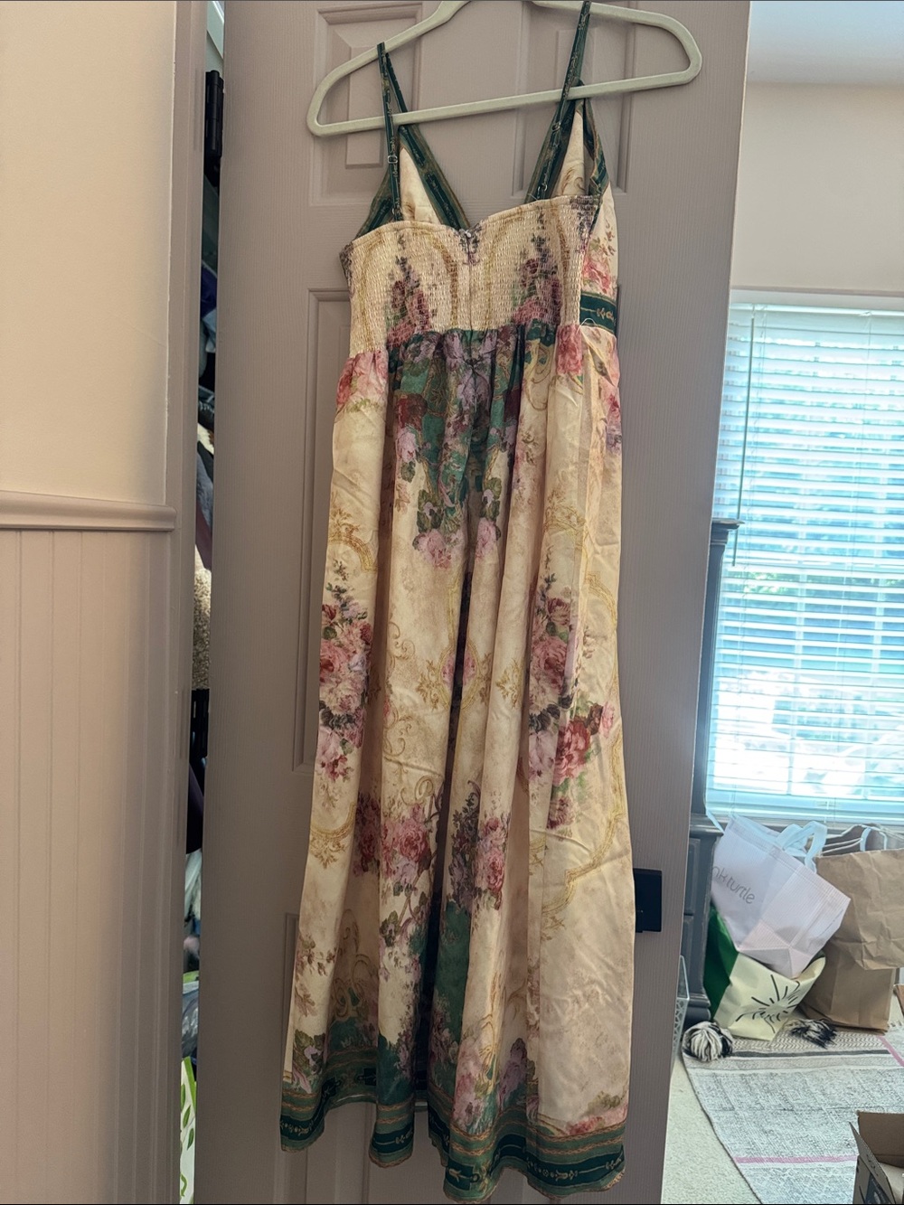 Half Heart NWOT Floral Satin Slip Dress with Green Trim - Picture 5 of 6